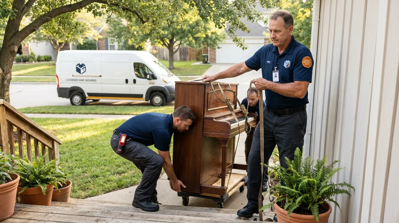 Licensed piano movers securing grand piano in Gatesville, NC