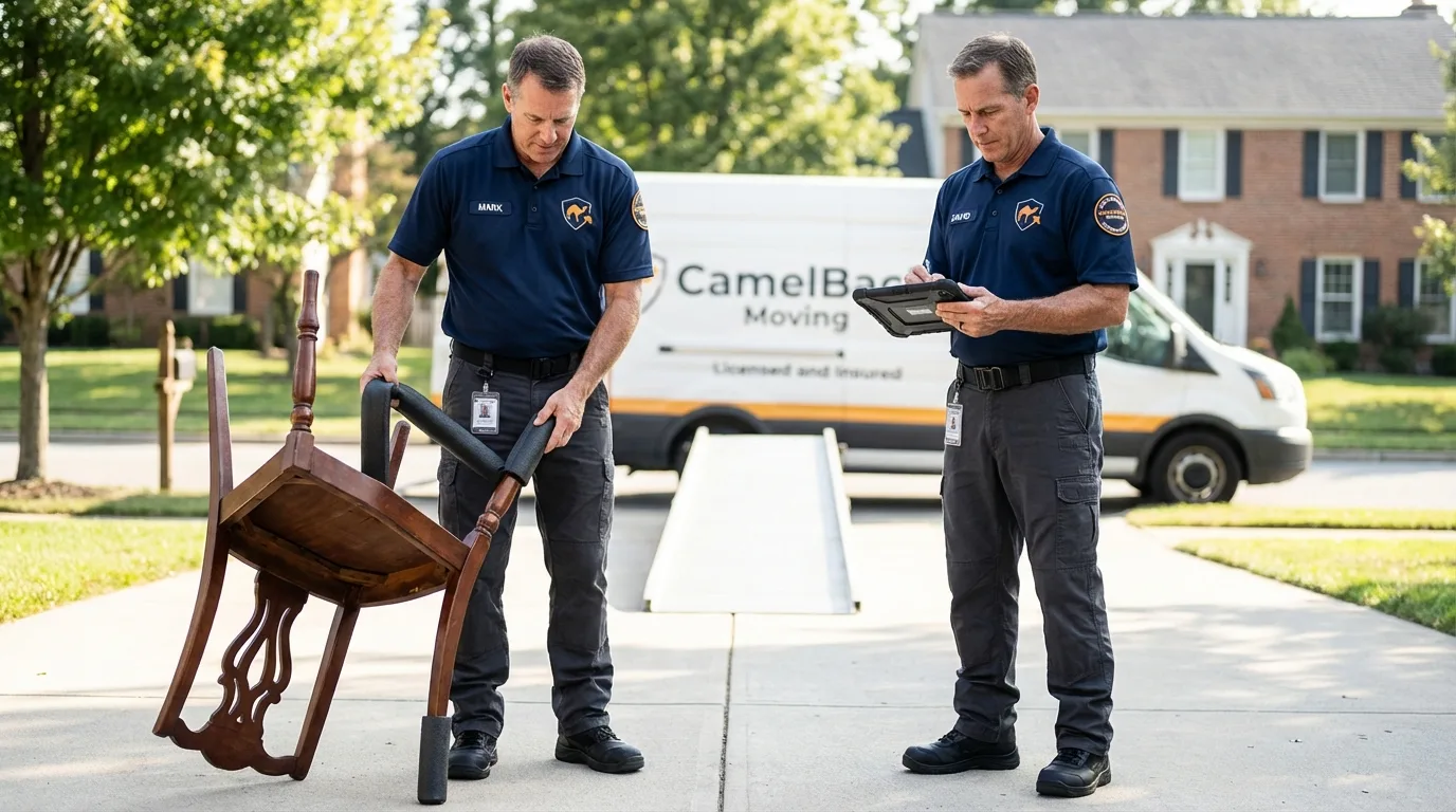 Movers inspecting furniture for damage prevention before loading in Gatesville, NC