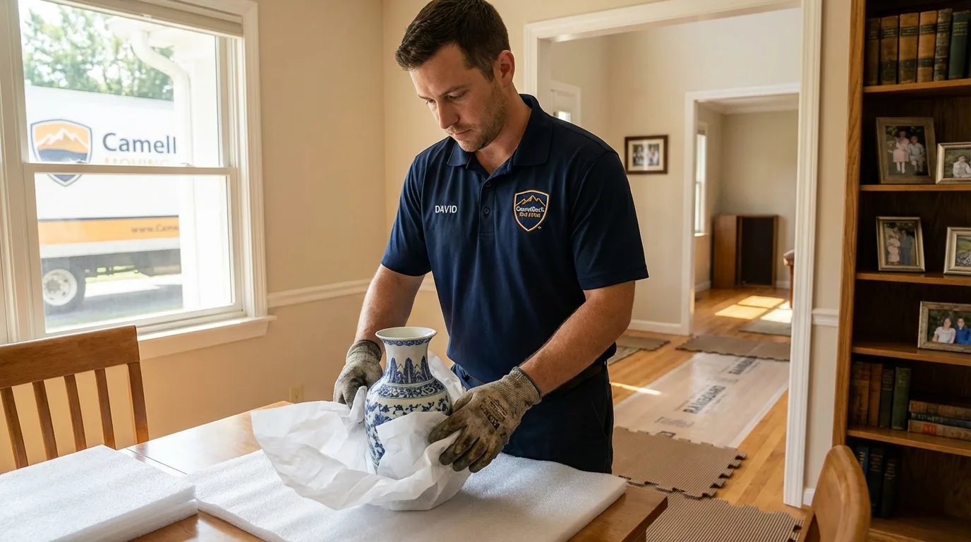 Professional crew carefully wrapping antique vase for senior downsizing move in Gatesville, NC